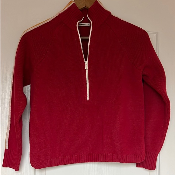 Marine Layer half zip sweater XS red with colorful stripes on sleeves - Picture 3 of 11